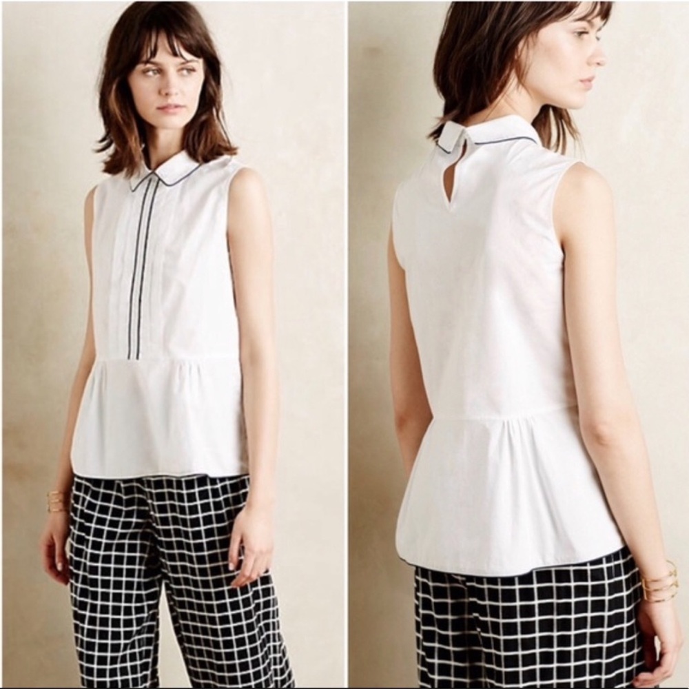 HD IN PARIS Anthropologie White & Blue Bennett Pleated Peplum Sleeveless Top